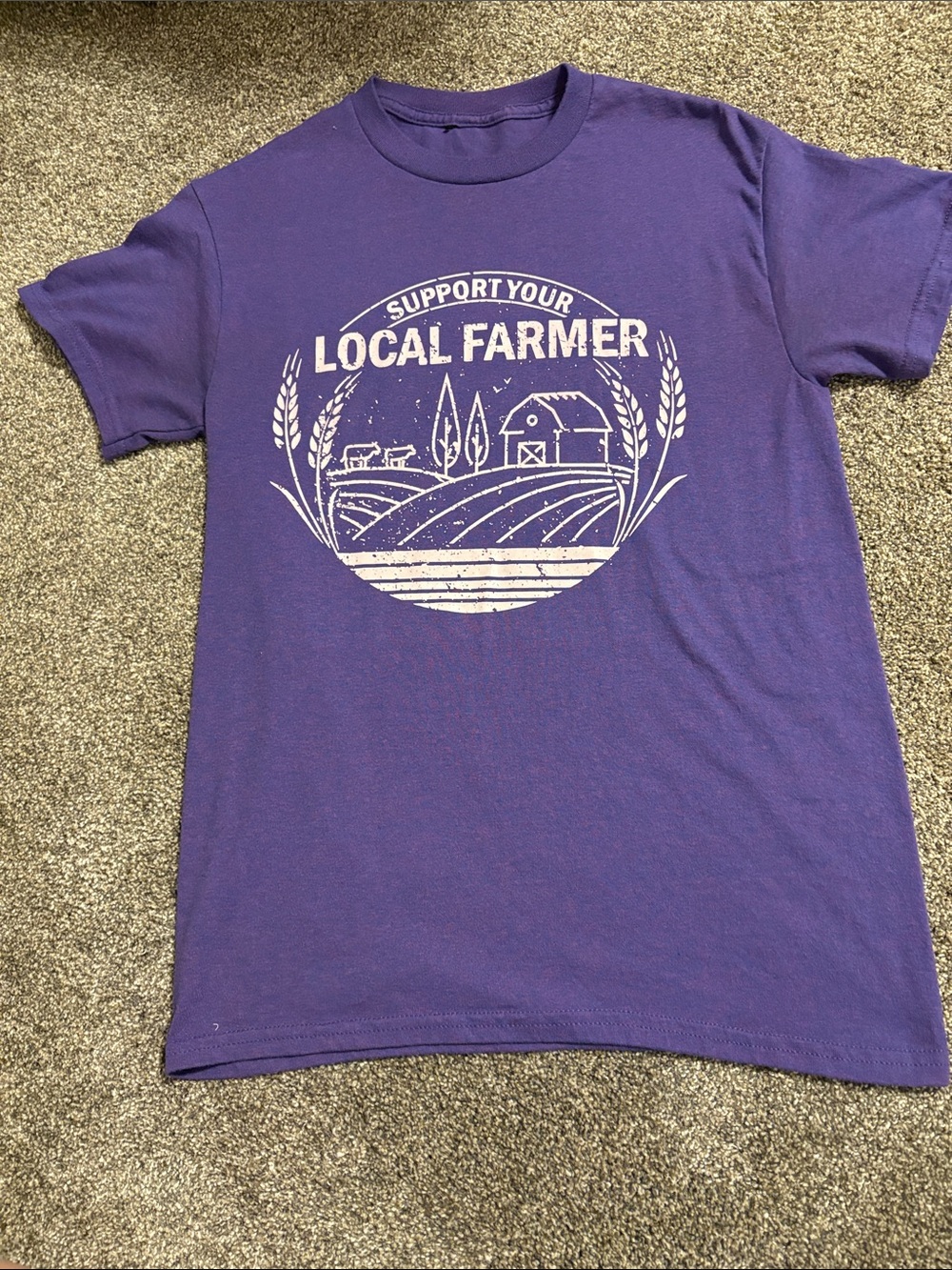 Support Your Local Farmer Purple & White Graphic Tee.